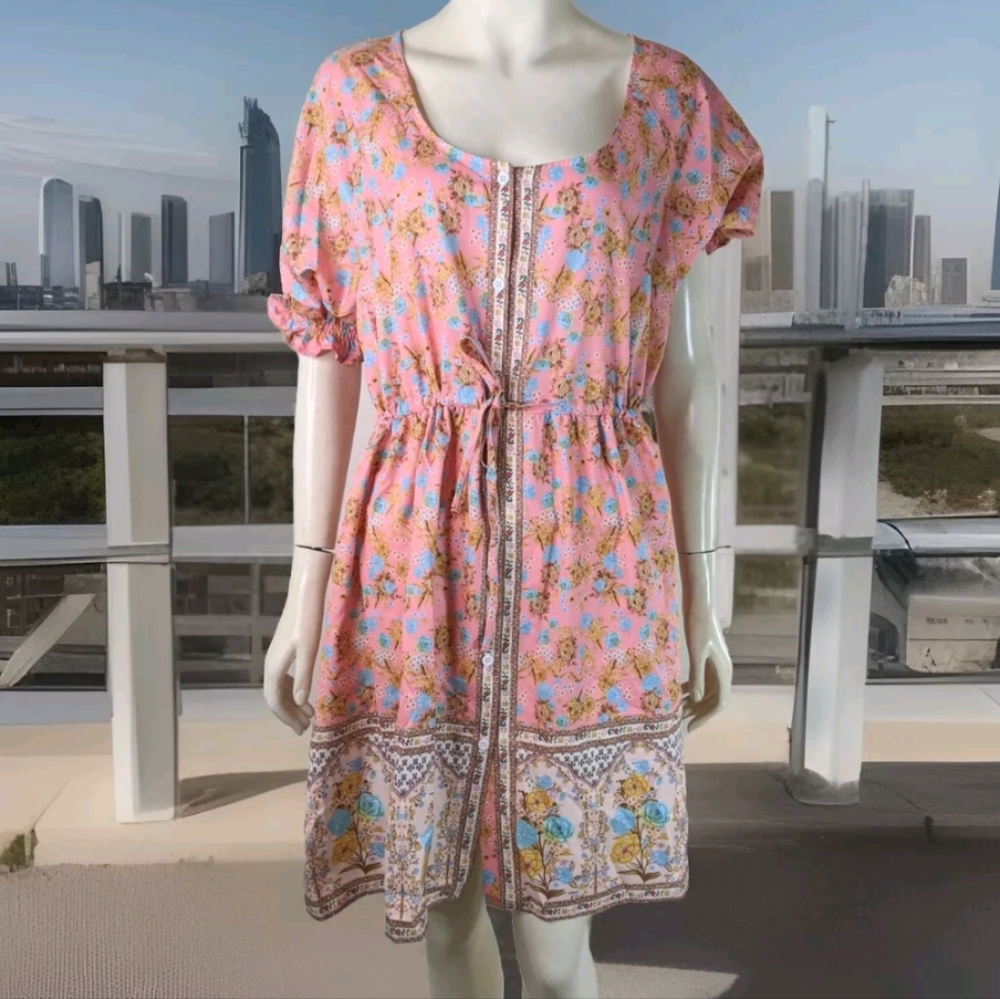 Pretty Pink Boho Dress XL Floral Button Front Garden